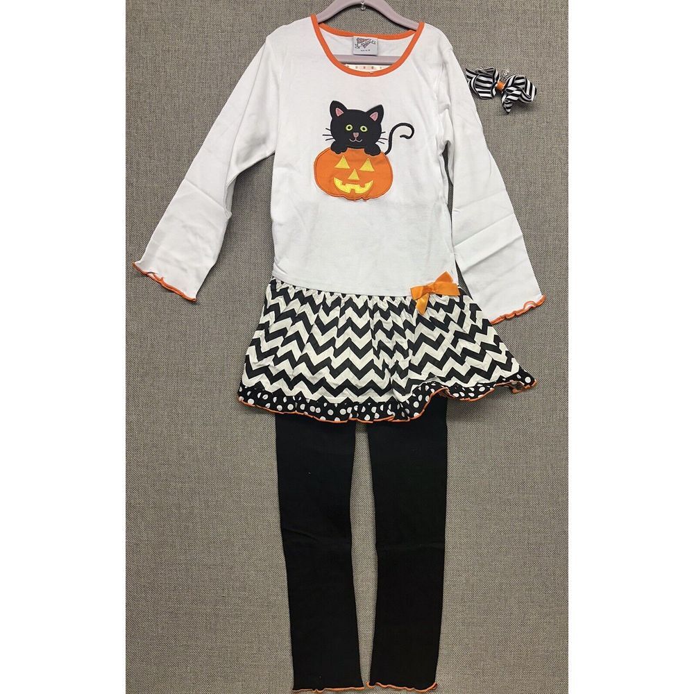 BNWT Ann Loren‎ Halloween Black Cat In Pumpkin Dress Pants Set Girls Size 9/10